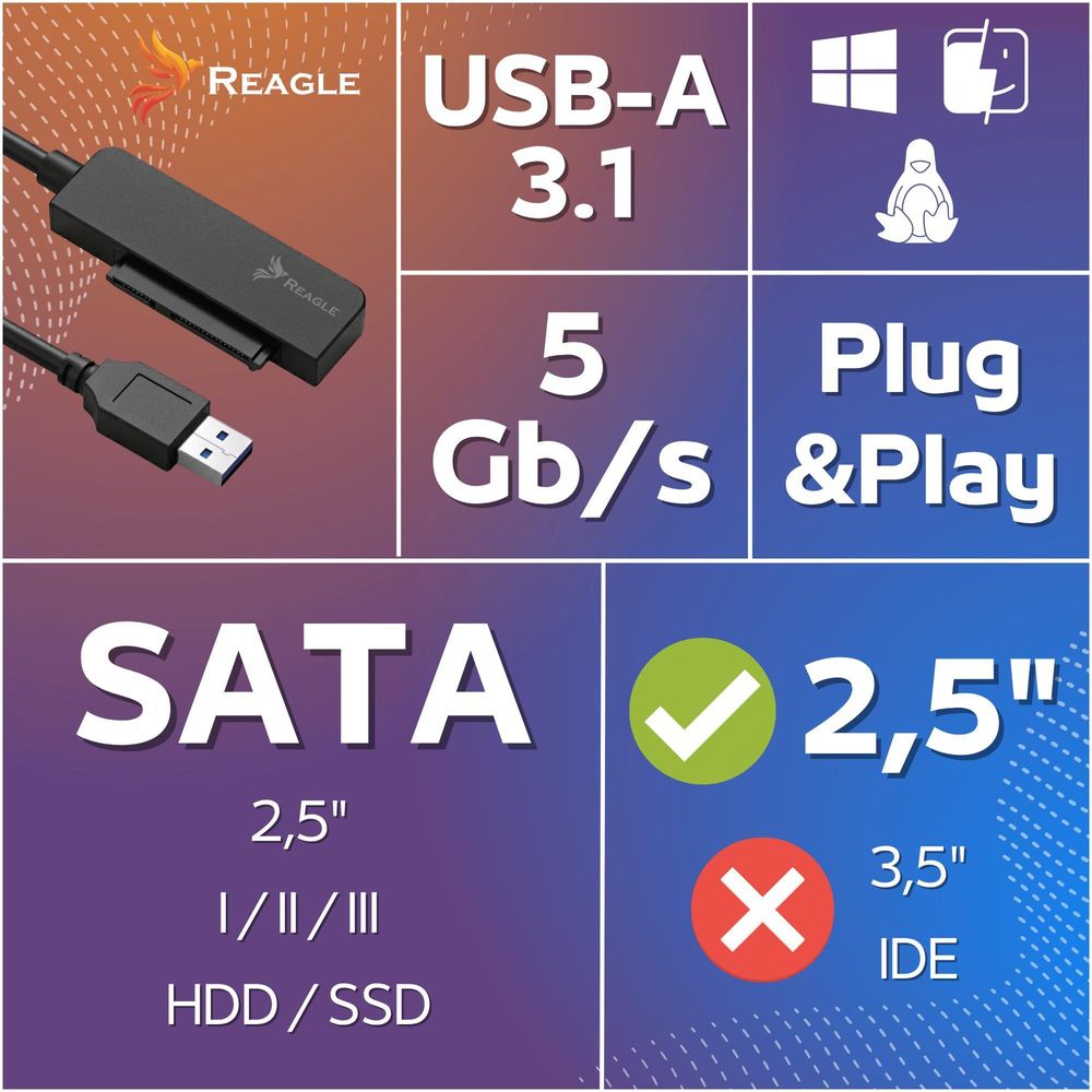 Reagle SATA auf USB Adapter 2,5 Zoll SSD HDD USB-C 3.1 5Gbps Festplatten Adapter Kabel kompatibel Windows Mac Linux Plug & Play
