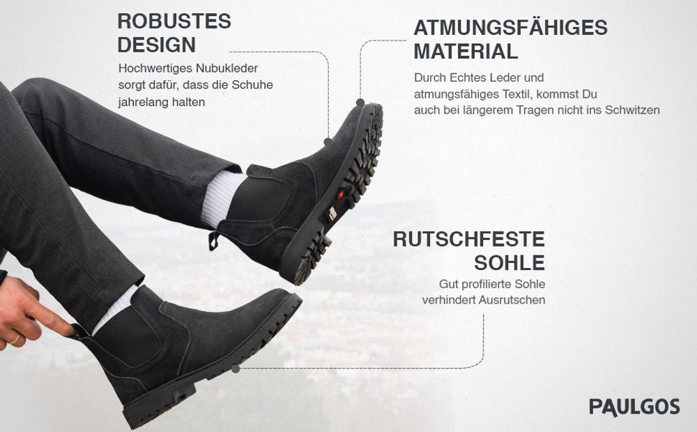 PAULGOS Herren Chelsea Boots Echtes Leder, Stiefeletten Größe 39-47 in 3 Farben