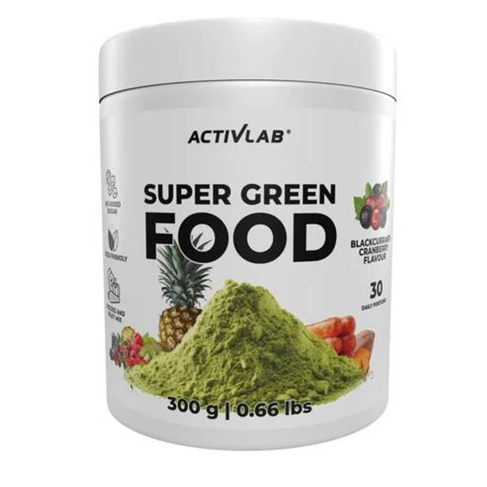 Activlab Super Green Food Spirulina Chlorella 300 g, schwarze Johannisbeere Cranberry, 30 Tagesportionen, Vitamine, Detox, Energie