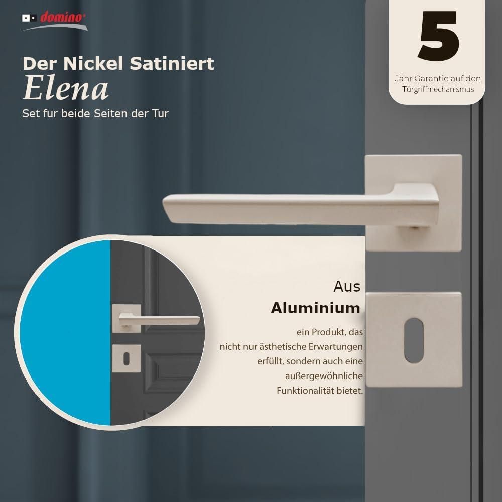 DOMINO Türgriff Drückergarnitur BB-Buntbart Set | quadratische Rosette | Türklinke für Zimmertür, Bürotür, Kellertür & Innentür | Türbeschläge aus Aluminium  |Satin Nickel Türdrückergarnitur |ELENA QR SLIM SN