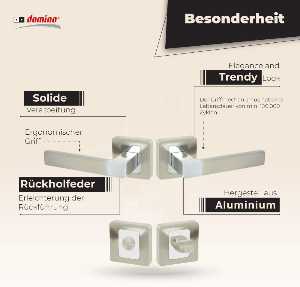 domino Türgriff Innentür Drückergarnitur WC - Badezimmer Set für Zimmertür Türklinke, Türdrückergarnitur mit Schloss Türbeschlag, Set Aluminium Chrom
