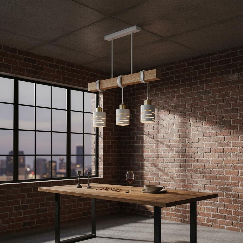 MasterLED Hängeleuchte 3-flammig - E27 – Weiß Gold - Holz-Balken 50 cm - Metall - modern für Innenräume