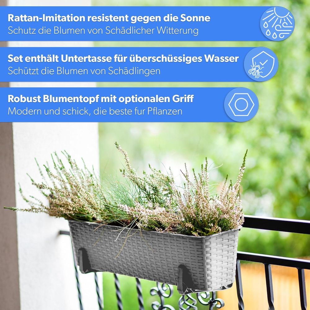 KADAX Balkontopf mit Untersatz "Frette", Balkonkasten mit Griffen, 40cm, Grau