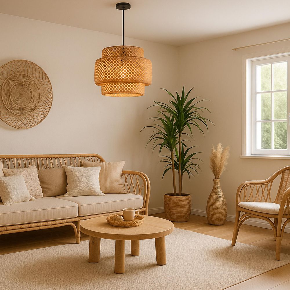 MasterLED Hängeleuchte Boho – E27 Fassung – Ø40 cm – Bambus & Schwarz – geflochtener Lampenschirm – modern für Wohnzimmer, Esszimmer & Küche