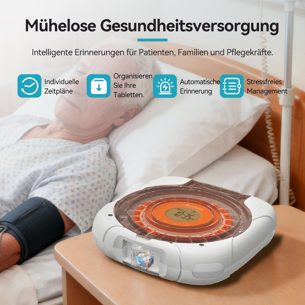 Retekess TH017 Smart Pillenbox, automatischer Tablettenausgabe, LCD-Display, Klingeltöne, Power-off-Speicherfunktion, für Haushalte, Senioren