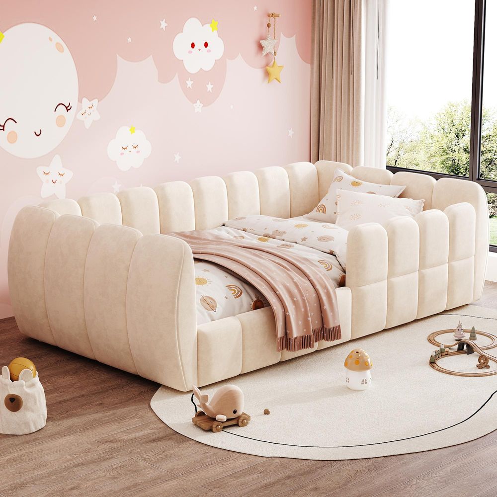 Merax Gepolstertes Kinderbett Bodenbett 90x200cm, Samtbett mit geschlossenem Design und abgerundeten Ecken, Montessori Bett für Jugendliche, Beige