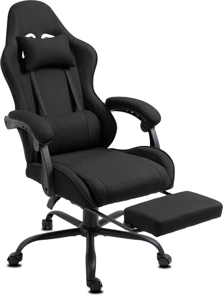 Delman Stoff Bürostuhl Gaming Stuhl Gaming Sessel Ergonomischer mit Fußstütze Kopfstütze Massage-Lendenkissen Gaming Chair Drehsessel 02-0040 Schwarz