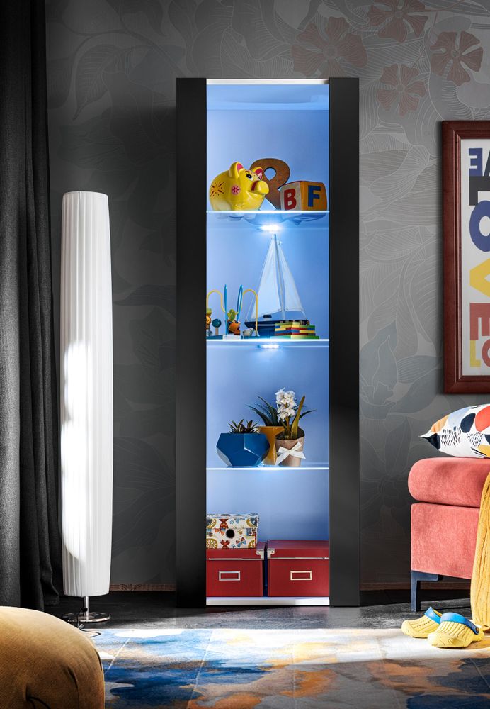 Komodee | Wohnwand Wohnzimmerset Tivoli Grande, Korpus Weiß Matt Frontfarbe Schwarz Matt, LED Blau