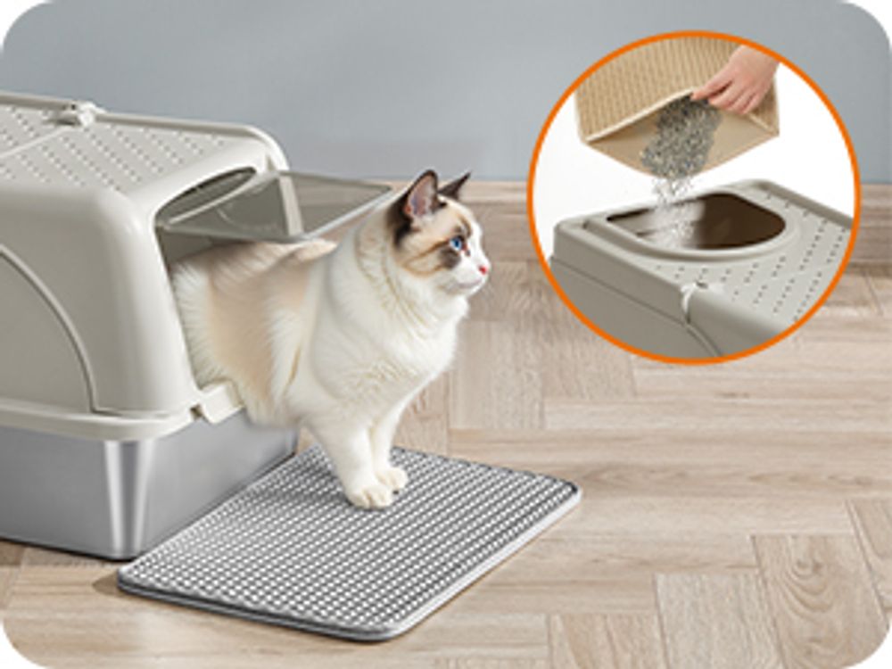 Feandrea Edelstahl Katzenklo, XL, Katzentoilette mit Deckel, mit Schaufel, Bürste und 2 Eingängen, für Katzen bis 15 kg, cappuccinobeige