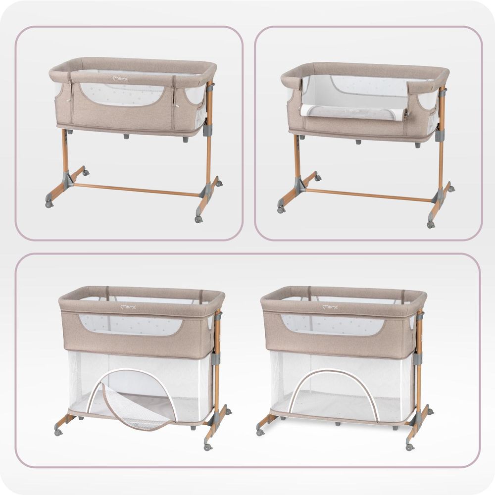 MoMi SMART BED – 4-in-1 Beistellbett & Reisebett, höhenverstellbar mit Neigefunktion, inkl. Matratze & Moskitonetz – Beige