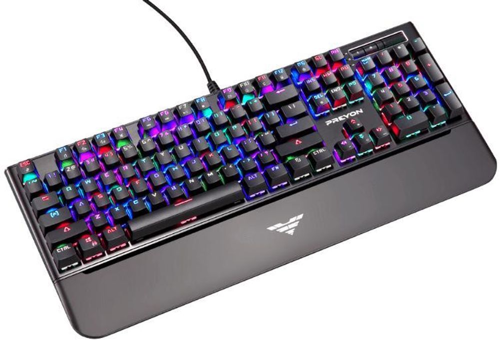 Klawiatura dla graczy PREYON Long Claw Brown Keyboard - Podpórka pod nadgarstki - 104 klawisze - Przełączniki Gateron Brown - Aluminiowa obudowa - Podświetlenie RGB - Tryb podświetlenia - Oprogramowanie - Port przelotowy USB