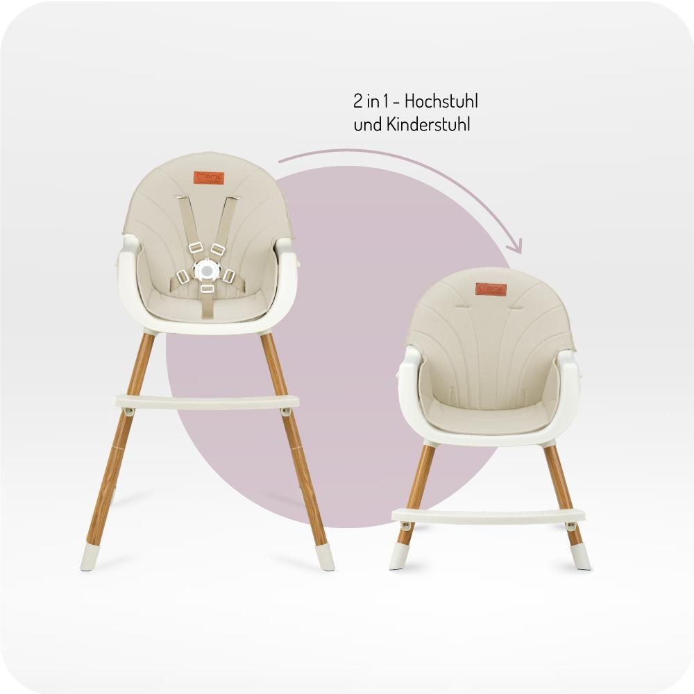 MoMi REKI – Evolutiver Baby Hochstuhl mit 2 Sitzpositionen & spülmaschinenfester Tablett, 6–36 Monate, bis 20 kg – Beige