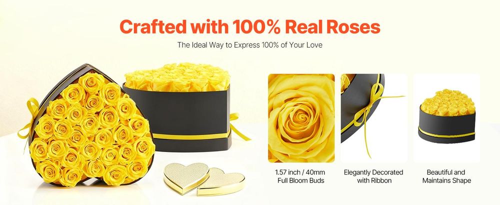 VEVOR Ewige Blumen, 100 konservierte Rosen in einer herzförmigen Box, ewige Blumen unsterblicher Strauß Geburtstagsgeschenk für Frauen, Ehefrauen, Mütter, Jubiläum, Valentinstag, Weihnachten, Rot, Herz-e, Gelb