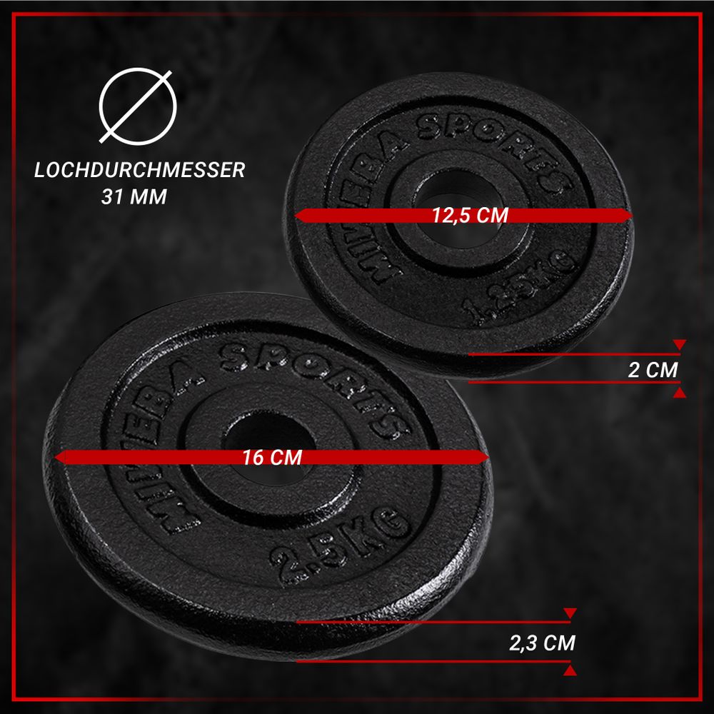 Miweba Sports Kurzhantel MKH110 | inkl. 7,5 kg Gusseisen Gewichte - Stahl Hantelstange - 2x Sternverschluss - 2x 1,25 kg - 2x 2,5 kg - Einzelhantel