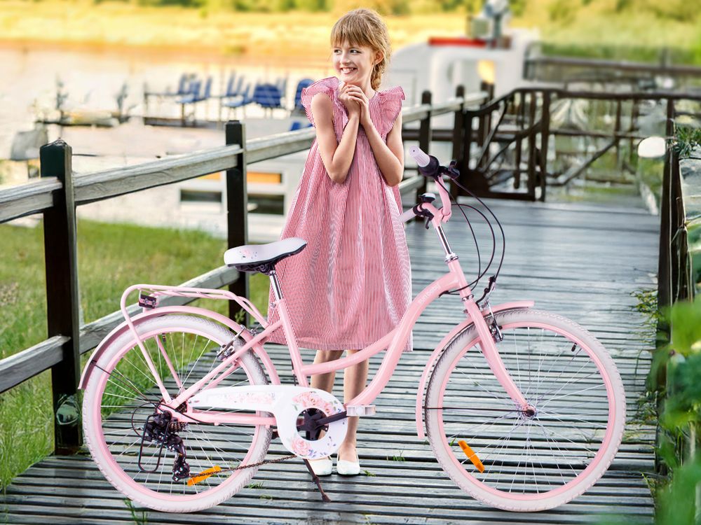 SUN BABY Flower Bike Kinderfahrrad 24 Zoll Mädchen, Fahrrad für Kinder ab 8 Jahre 7-Gang Shimano, V-Brake, Gepäckträger, Reflektoren Aprikose, 24 Zoll