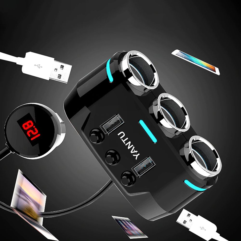 KFZ Zigarettenanzünder Verteiler 100W 12V/24V Zigaretten Anzünder Steckdose Auto Ladegerät Adapter mit 2 USB und 1 LCD Ports für Smartphone GPS Retoo