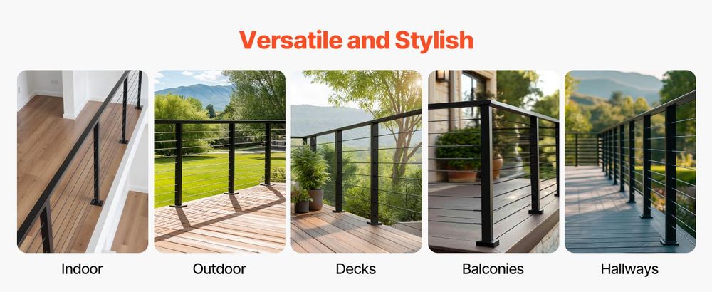 VEVOR Balkon Geländer aus Edelstahl, 4er-Pack, rechteckiger Handlauf für Treppendecks oben für Außen-/Innenstufen mit Endkappe, mattschwarze Beschichtung, Kabelgeländer-Set, 50x25x1981 mm