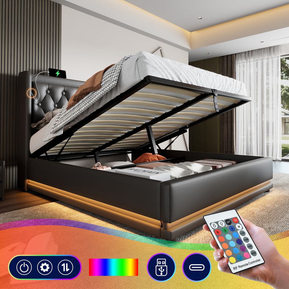 Flieks Polsterbett 140x200cm mit USB & Typ-C, Doppelbett Jugendbett mit LED, Hydraulisches Stauraumbett Boxspringbett mit Lattenrost, PU, Schwarz