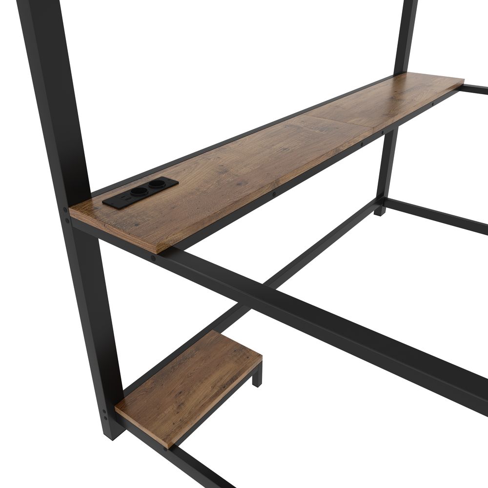 MODFU Hochbett, 90×200 cm Kinderbett mit LED-Ambientelicht, Jugendbett mit Computerkonsolenablage,Schreibtisch,Steckdose+USB,Ohne Matratze,Schwarz