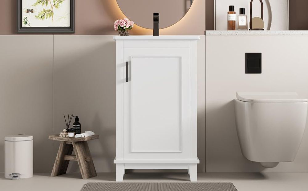 Merax Waschtischunterschrank für kleine Räume, Bodenstehender Badezimmerschrank mit Keramikbecken, Türregal, Waschbecken 51x34x83cm, Weiß