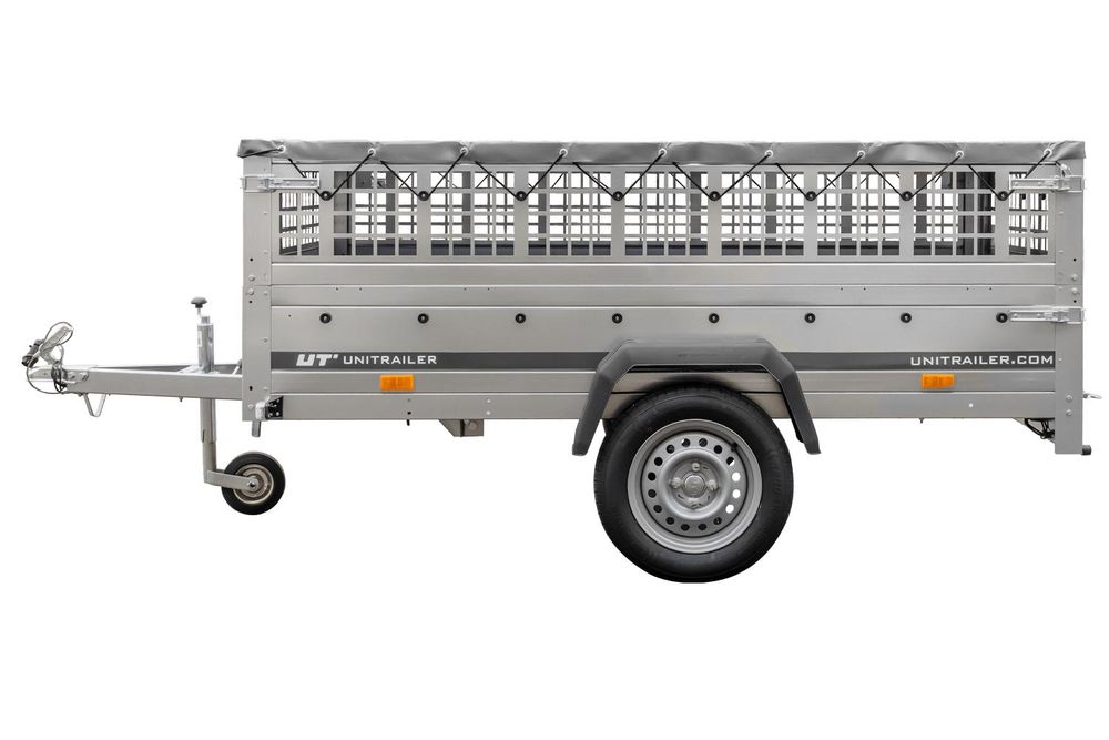 PKW-Ahänger 230x125 UNITRAILER GARDEN 230 KIPP mit Gitteraufsatz und grauer Plane