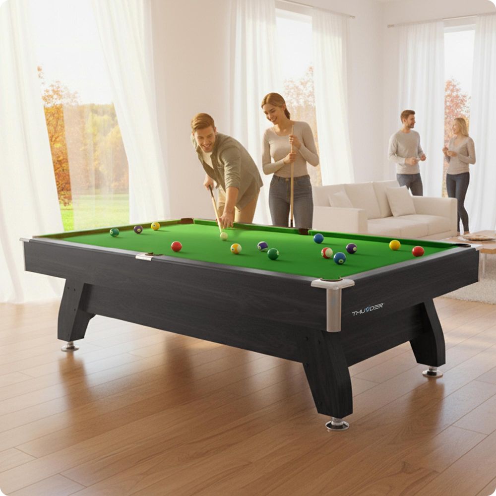 THUNDER® Billardtisch | BOLD-BLACK-7FT | 7FT | Schwarz | Stabil & Robust | Komplettset mit Zubehör | Pooltisch | MDF Spielfeld