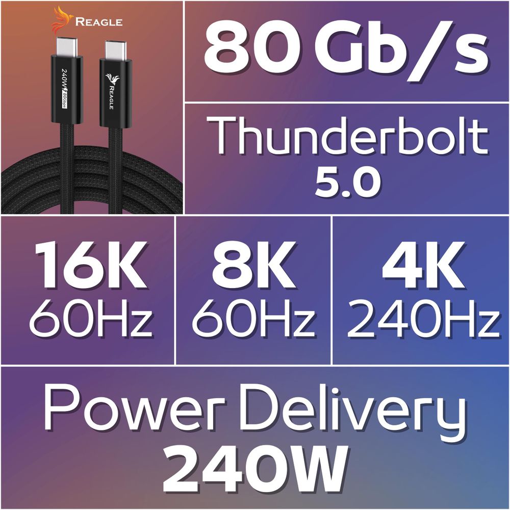 REAGLE THUNDERBOLT 5 USB-C PD 240W 16K 80 Gbps USB4 Kabel, Macbook Pro 14 16 2m