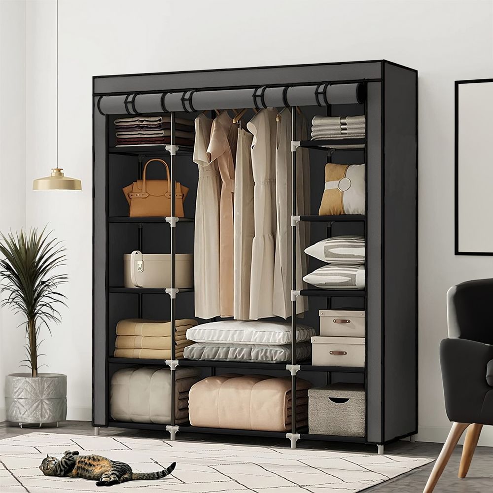 Faltschrank Kleiderschrank aus Stoff mit 2 Kleiderstangen und Ablagen 148x42x172,5 cm Schrank mit Reißverschluss Stoffschrank Faltbar Grau Retoo