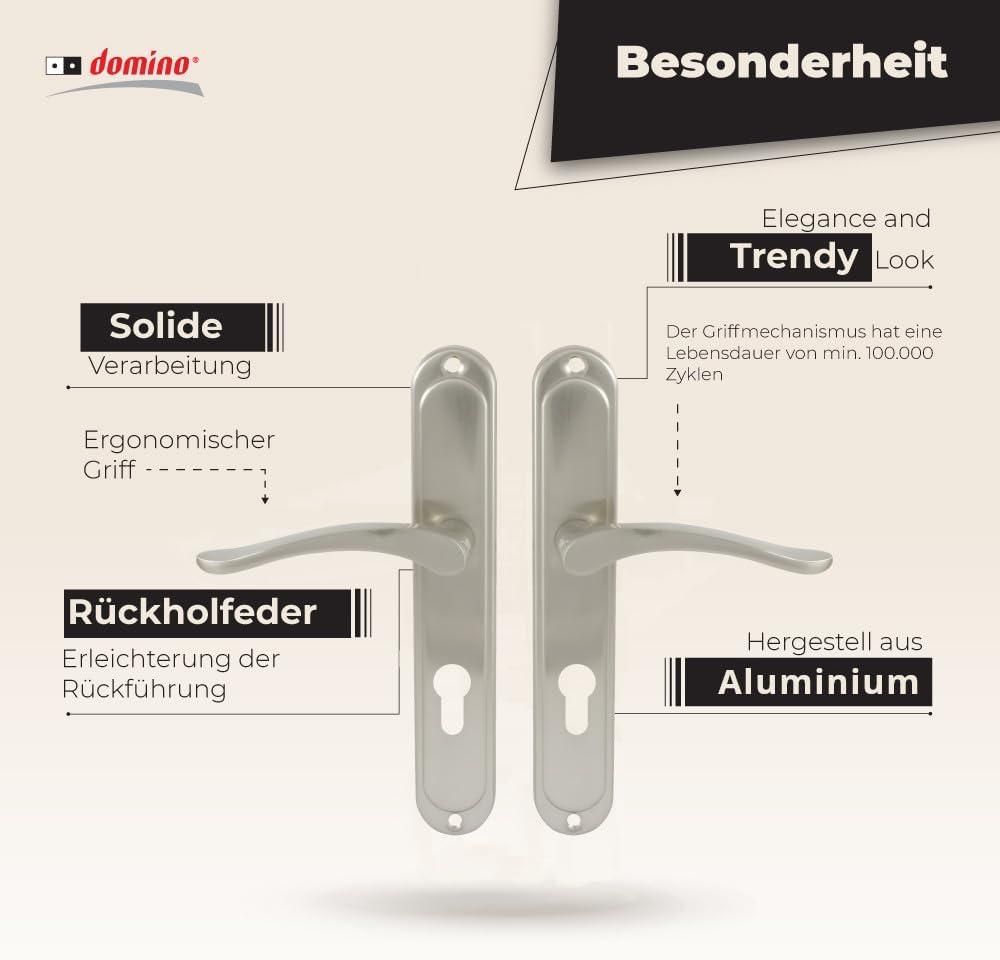 DOMINO Türgriff 72 Drückergarnitur PZ - Profilzylinder Set | Türklinke für Zimmertür, Bürotür, Kellertür & Innentür | L-Form | Türbeschläge aus Aluminiuml | Nickel Türdrückergarnitur| BALLEN M9