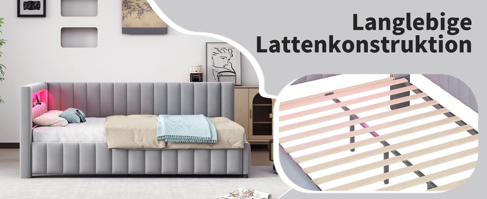 okwish Schlafsofa Polsterbett 140x200 Daybett mit LED-Licht und USB-Ladeanschluss, mit Rückenlehne und Kopfteil,Samtstoff,Hellgrau-Ohne Matratze