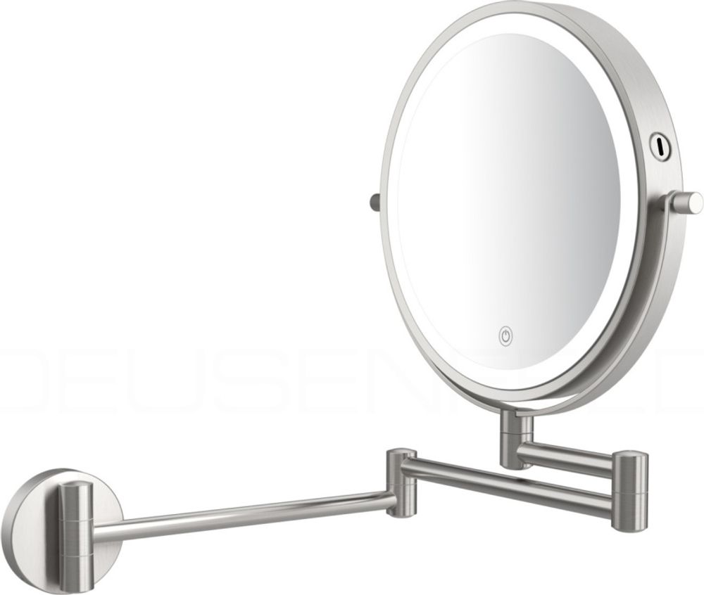 DEUSENFELD WL103EFA - Akku Batterie LED Doppel Wand Kosmetikspiegel, 3 Gelenkarme, 10x Vergrößerung + Normalspiegel, Ø20cm, 360° schwenkbar, 3 einstellbare Lichtfarben, 10 Min. Timer, Dimmer, 3000mAh Lithium Akku, USB-C, Edelstahl Finish