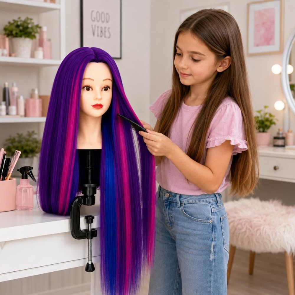 Tête à coiffer d'apprentissage Iza 90 cm cheveux thermiques + Trépied