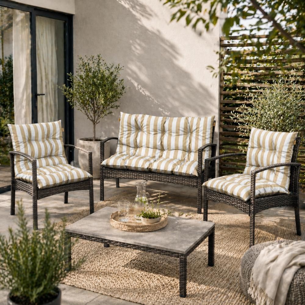 Palettenkissen Loungekissen Set 3-teilig, Outdoor Sitzpolster für Rattanmöbel, 2x Stuhlkissen + 1x Bankkissen, Beige