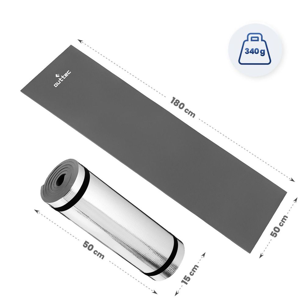 Outtec Isomatte: ausgerollt (180x50 cm, 340 g) und gerollt (50x15 cm)