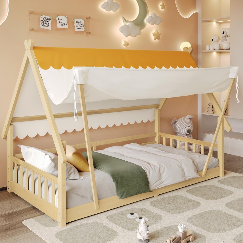 Flieks Kinderbtt Hausbett 90x200cm mit abnehmbarem Zelt, Bodenbett Einzelbett mit Rausfallschutz und Lattenrost, Naturbelassen