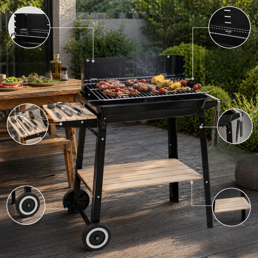 Bauhus Grill węglowy ogrodowy 53x33 cm z półką kółkami i kratką do podgrzewania czarny duży