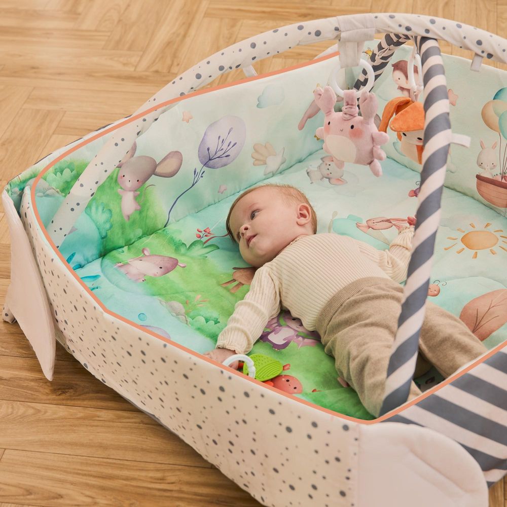 Lionelo Spielmatte mit Spielbogen Anika Natural aus Bambus mit 8 abnehmbaren Spielzeugen, baby spieldecke mit spielbogen