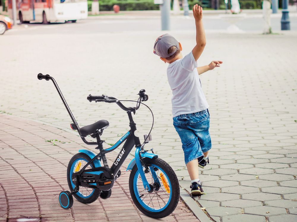 Sun Baby Tracker Bike Kinderfahrrad Jungen Fahrrad Stützräder Schubstange 14 Zoll neon blau