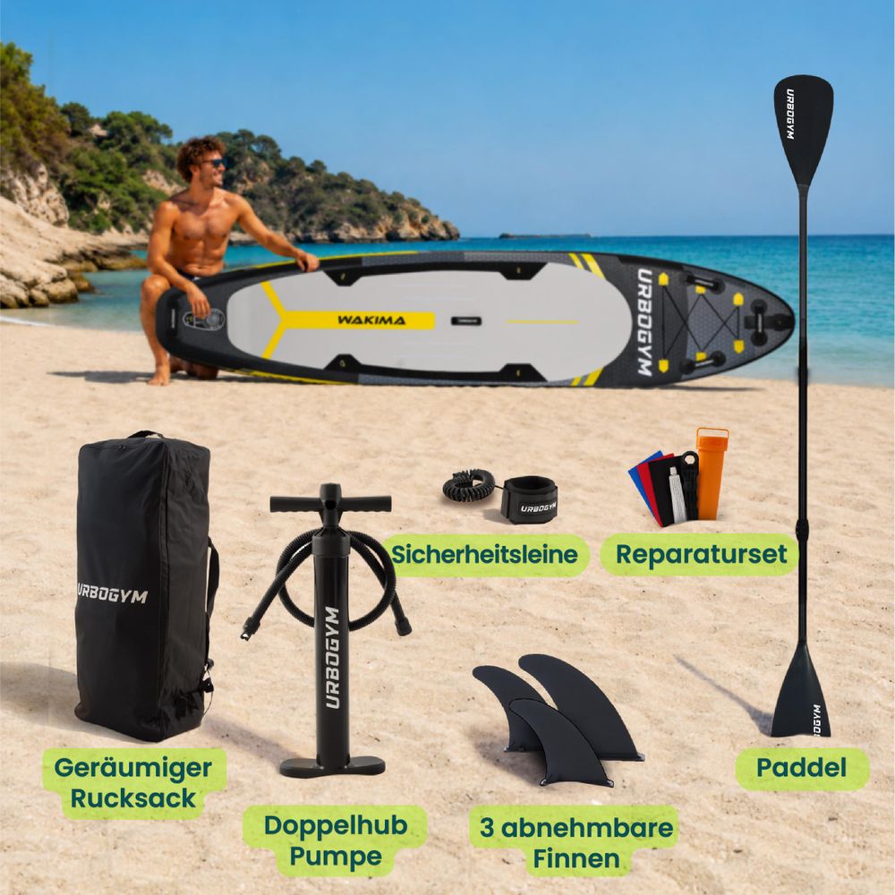 URBOGYM Wakima SUP Board 350 cm Grau, aufblasbares Komplettset mit 3 Finnen