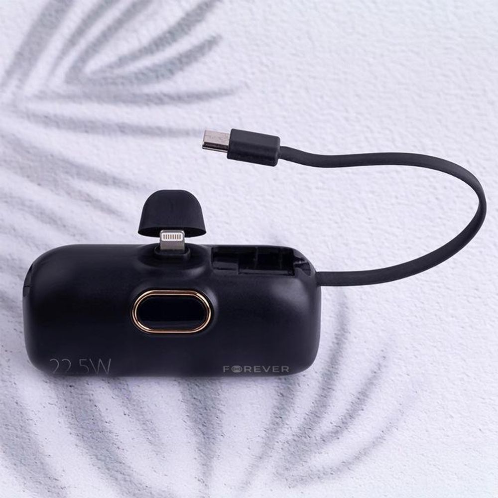 Forever, 5000mAh Powerbank Lightning Anschluss + integriertes USB-C Kabel, Schwarz
