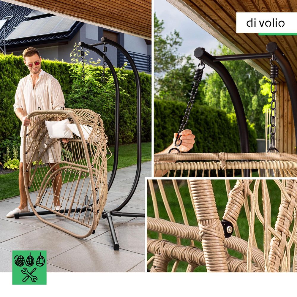 di volio Hängesessel mit Gestell RONA beige, Hängestuhl für 2 Personen, Hängeschaukel für Indoor & Outdoor, bis 200 kg belastbar, inkl. Kissen, Haus & Garten