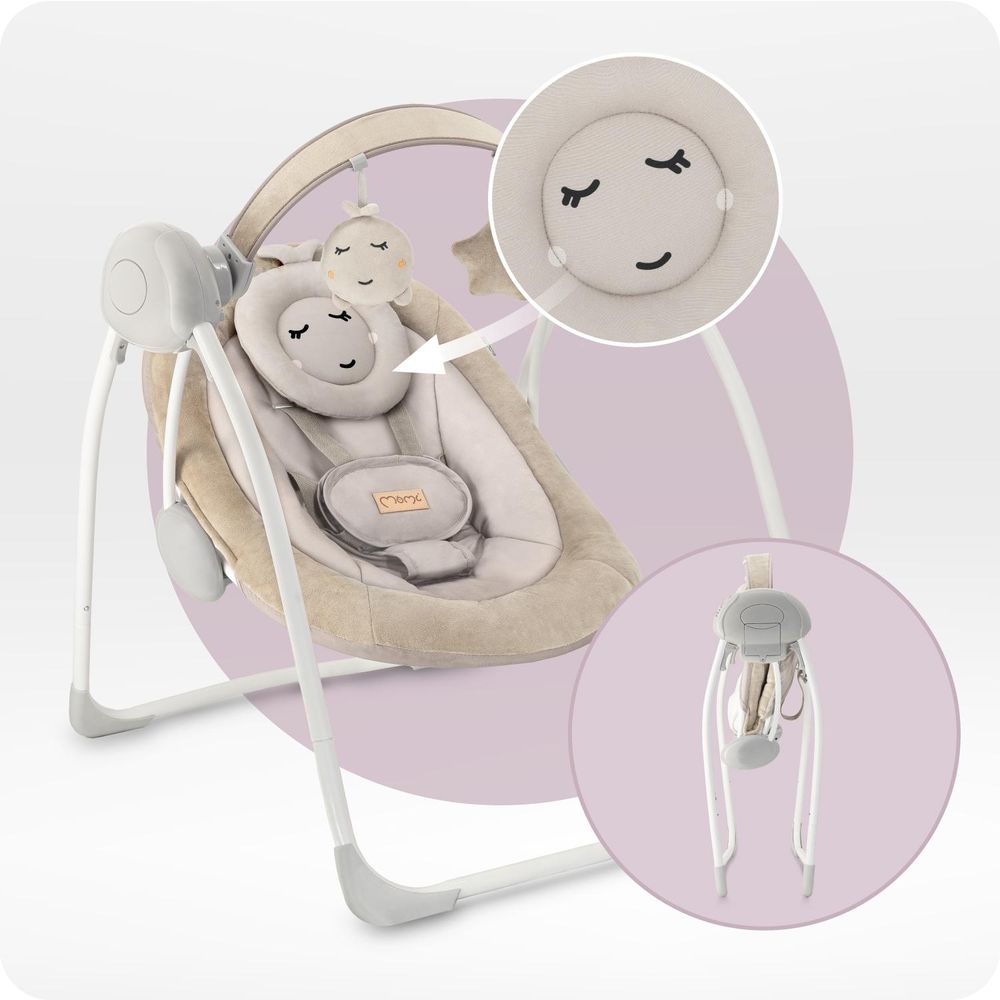 MoMi LISS – Elektrische Babywippe klappbar mit Timer, 5 Geschwindigkeiten, 6 Melodien & verstellbarem Spielbogen - Beige
