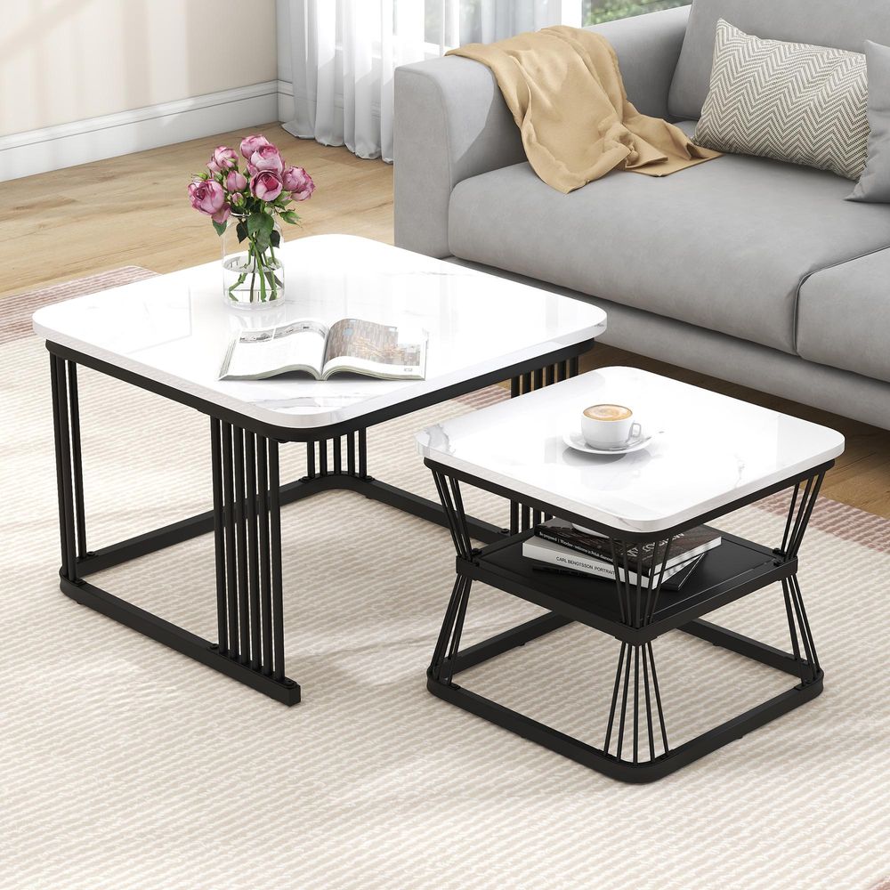 Merax 2er Set Couchtisch mit Marmormuster und Metallrahmen, Satztisch Beistelltisch Kaffeetisch, 65x45cm+45x39.5cm, Schwarz/Weiß