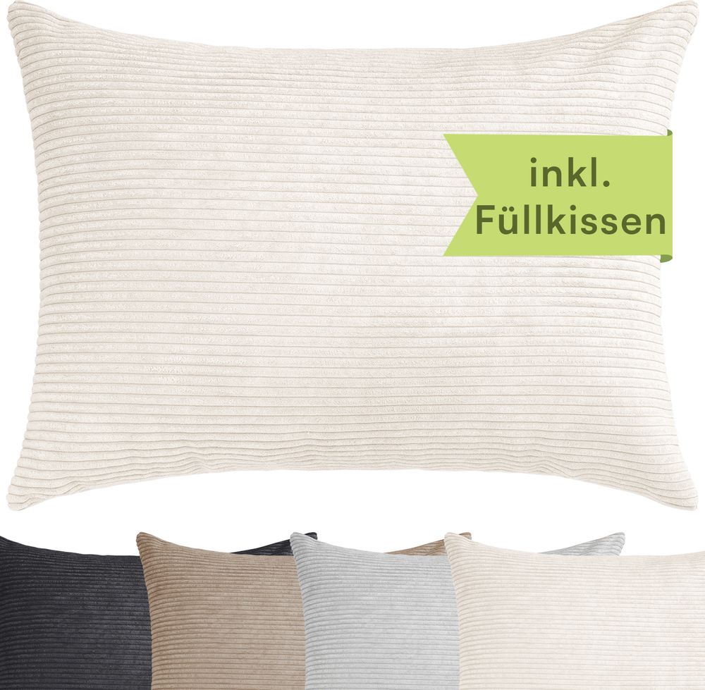Selfitex XXL Breitcord Sofakissen inkl. Füllkissen, edler Cord Stoff, weich und dekorativ, Cord Optik, moderne Farben, Größe: 60x80, Farbe: Beige