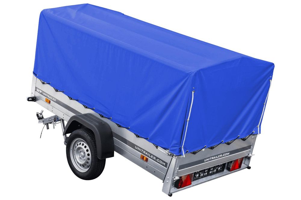 Auto Anhänger 230x125 Garden Trailer 230 KIPP Unitrailer 750 kg mit Stützrad, blauer Hochplane und Hochspriegel