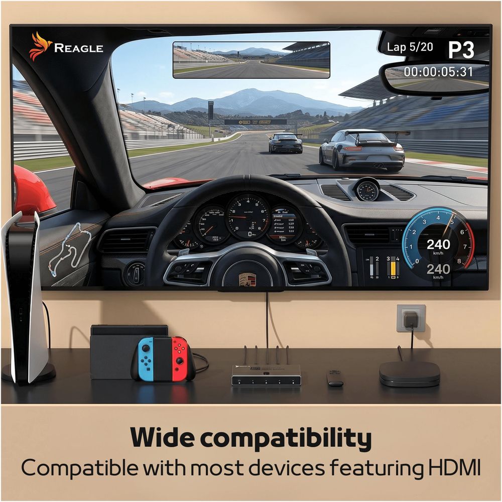 Reagle HDMI 2.1 Switch 3x1 Umschalter, 8K 60Hz, 4K 144Hz, Splitter mit Fernbedienung, Automatisch, für PS5 Xbox PC, Schwarz