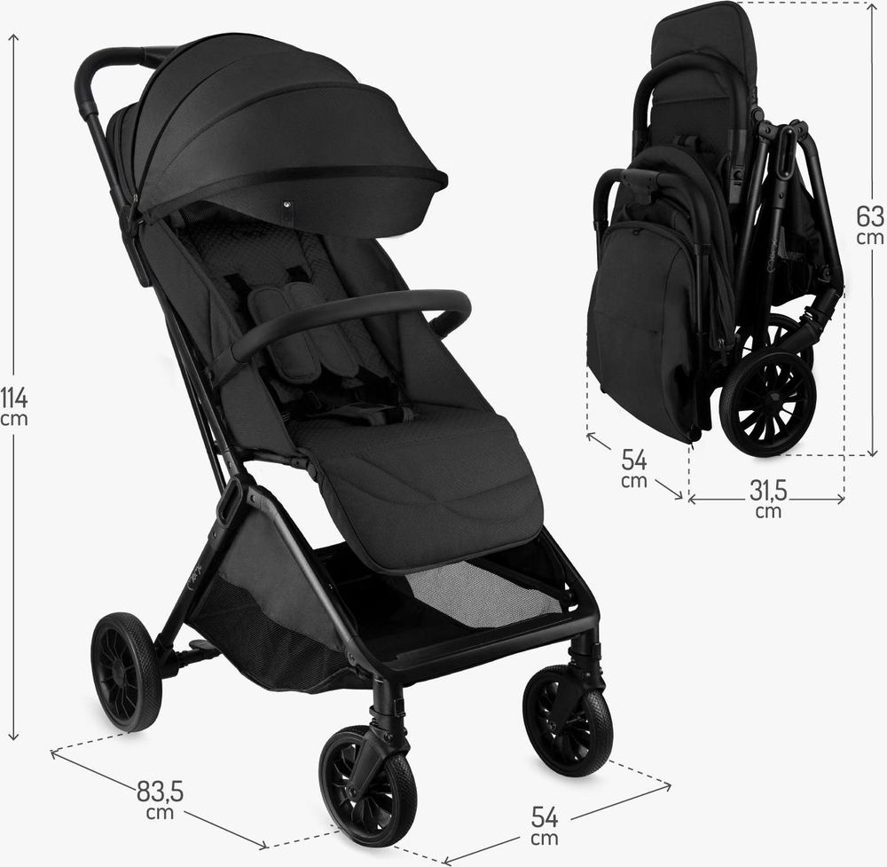MoMi ANDREA Buggy Kinderwagen bis 22 kg - automatisches Falten - Rucksack, Zubehör - Schwarz