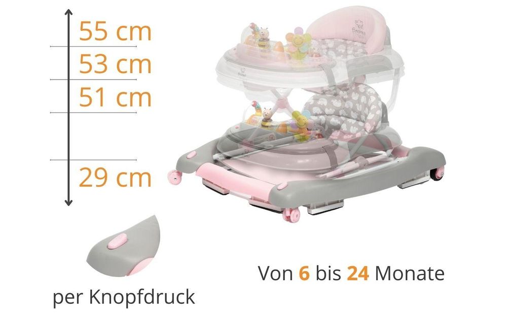 BRONEA® 4-in-1 Gehfrei Baby Lauflernwagen Schaukel Lauflernhilfe Babywalker mit Schaukelfunktion, Licht & Musik | Höhenverstellbar & Klappbar - Rosa