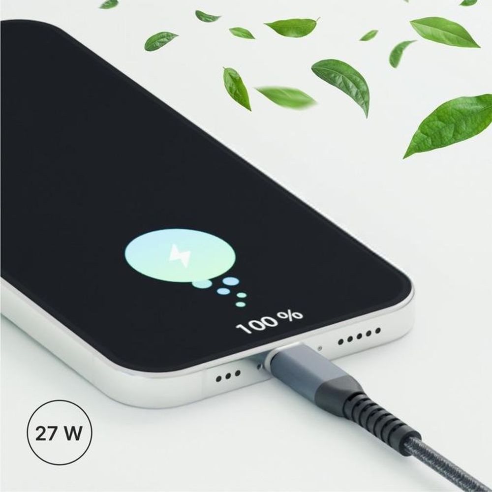 QUALO Recycling USB-C/Lightning Kabel 2,4 A 1 m QRC-CL-01 Schnellladung 27 W, langlebig, knickfest