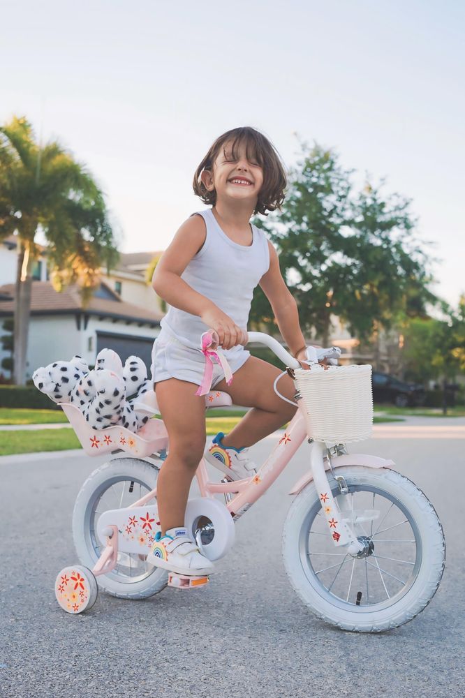 HILAND Joystar 14 Zoll Kinderfahrräder Mädchen mit Puppensitz, Stützräder, Korb, Schutzbleche, V-Brake-Bremsen, Rosa